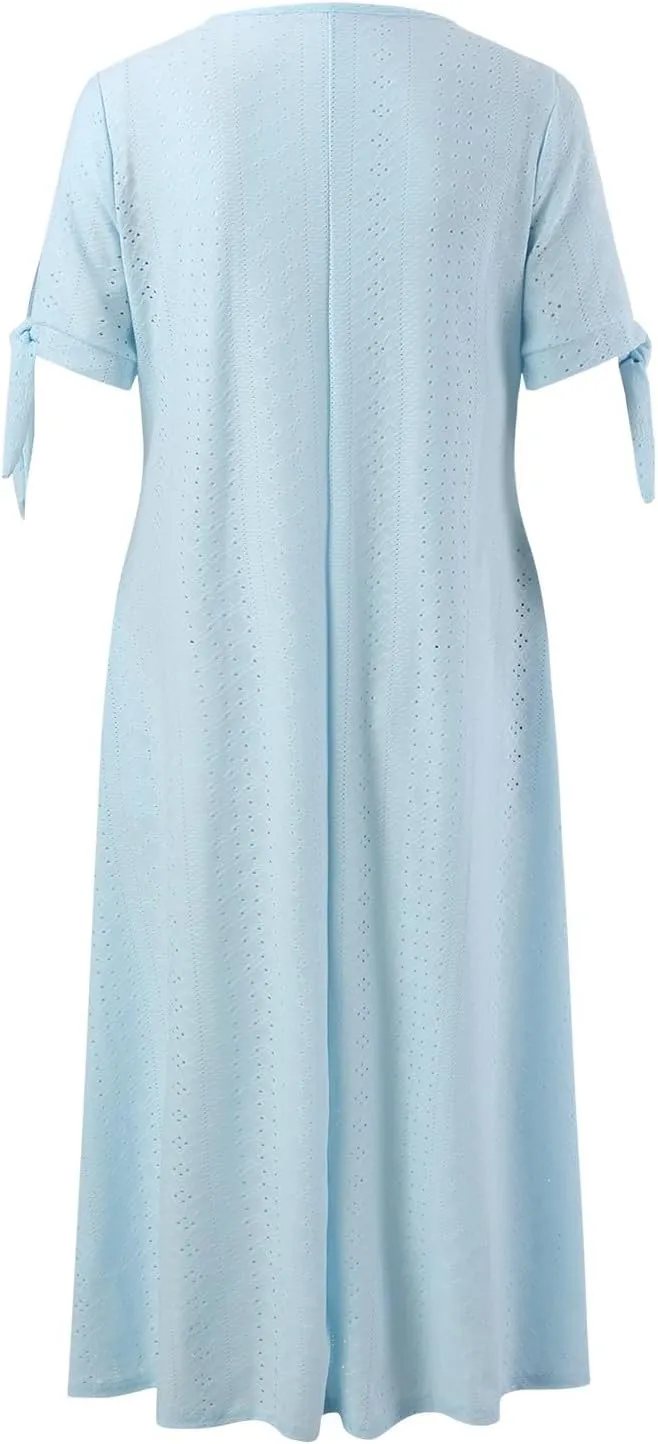 Summer Dresses for Women Trendy V Neck Short Sleeve Eyelet Dress Casual Pocket Holiday Party Beach Vacation Midi Sundress