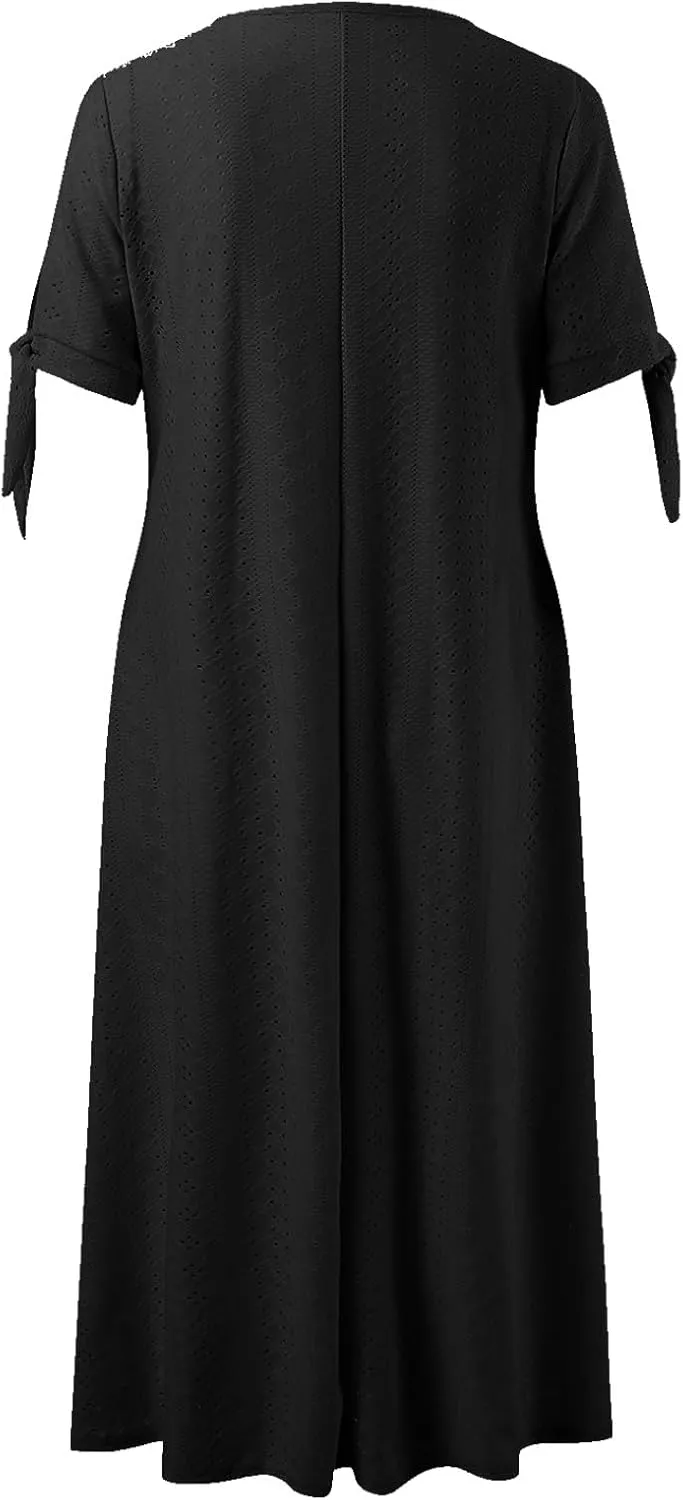 Summer Dresses for Women Trendy V Neck Short Sleeve Eyelet Dress Casual Pocket Holiday Party Beach Vacation Midi Sundress