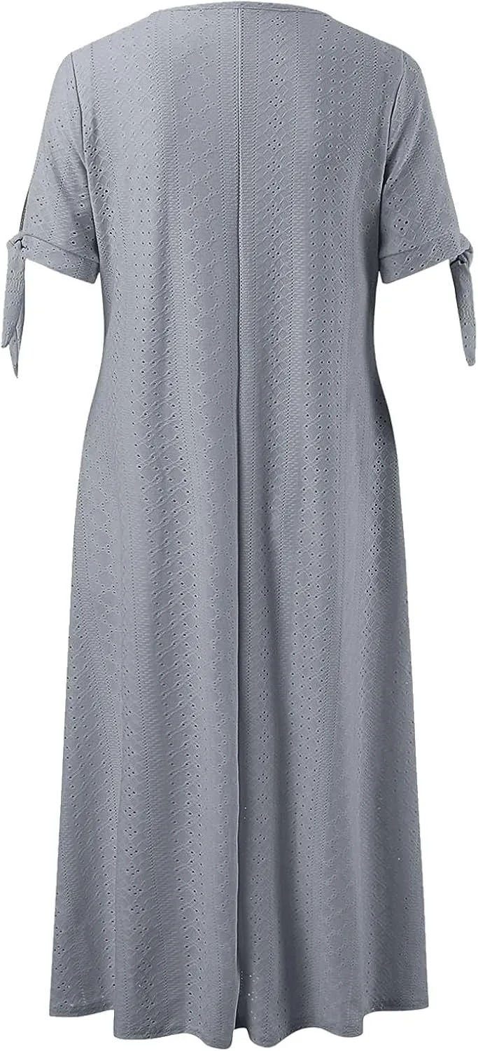 Summer Dresses for Women Trendy V Neck Short Sleeve Eyelet Dress Casual Pocket Holiday Party Beach Vacation Midi Sundress