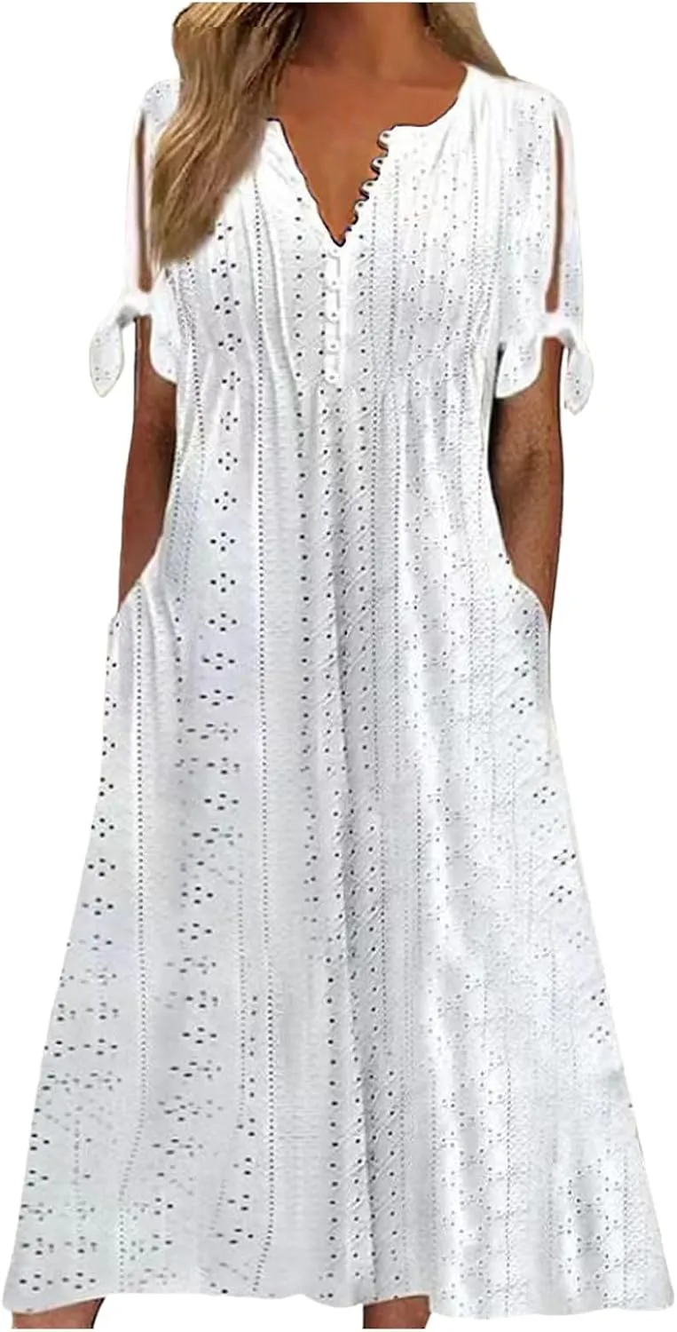 Summer Dresses for Women Trendy V Neck Short Sleeve Eyelet Dress Casual Pocket Holiday Party Beach Vacation Midi Sundress