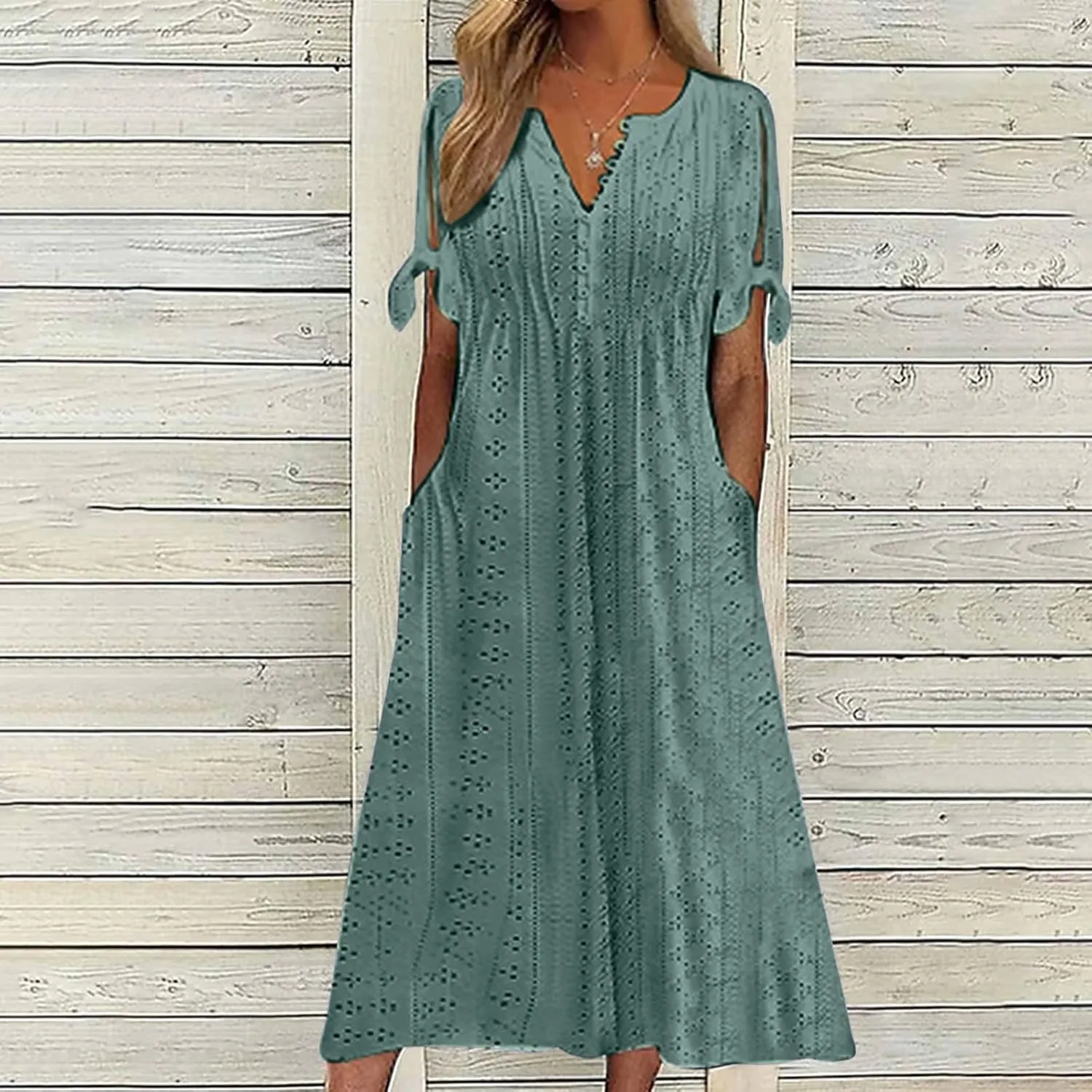 Summer Dresses for Women Trendy V Neck Short Sleeve Eyelet Dress Casual Pocket Holiday Party Beach Vacation Midi Sundress