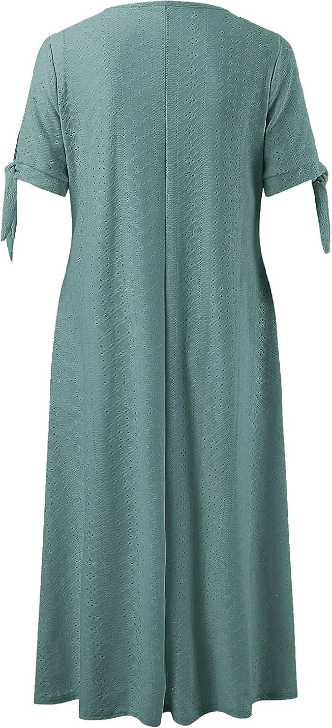 Summer Dresses for Women Trendy V Neck Short Sleeve Eyelet Dress Casual Pocket Holiday Party Beach Vacation Midi Sundress