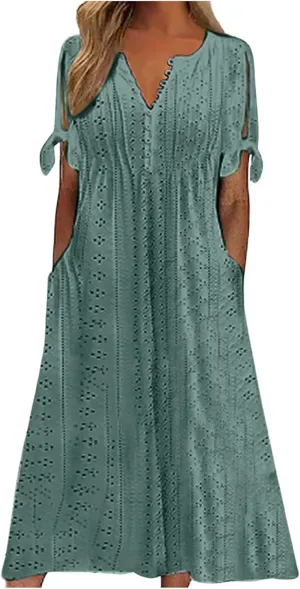 Summer Dresses for Women Trendy V Neck Short Sleeve Eyelet Dress Casual Pocket Holiday Party Beach Vacation Midi Sundress