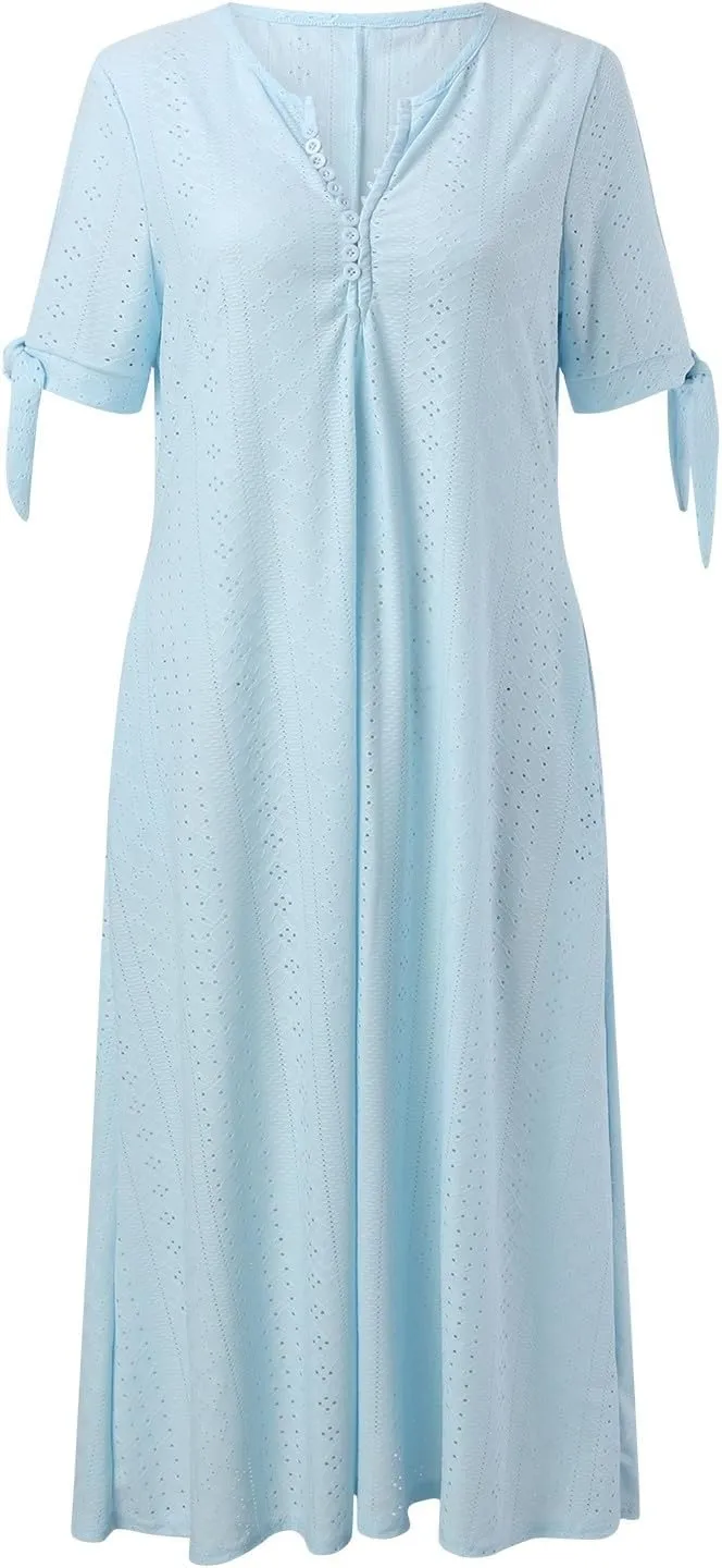 Summer Dresses for Women Trendy V Neck Short Sleeve Eyelet Dress Casual Pocket Holiday Party Beach Vacation Midi Sundress