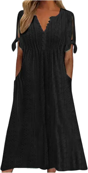 Summer Dresses for Women Trendy V Neck Short Sleeve Eyelet Dress Casual Pocket Holiday Party Beach Vacation Midi Sundress