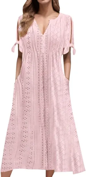 Summer Dresses for Women Trendy V Neck Short Sleeve Eyelet Dress Casual Pocket Holiday Party Beach Vacation Midi Sundress