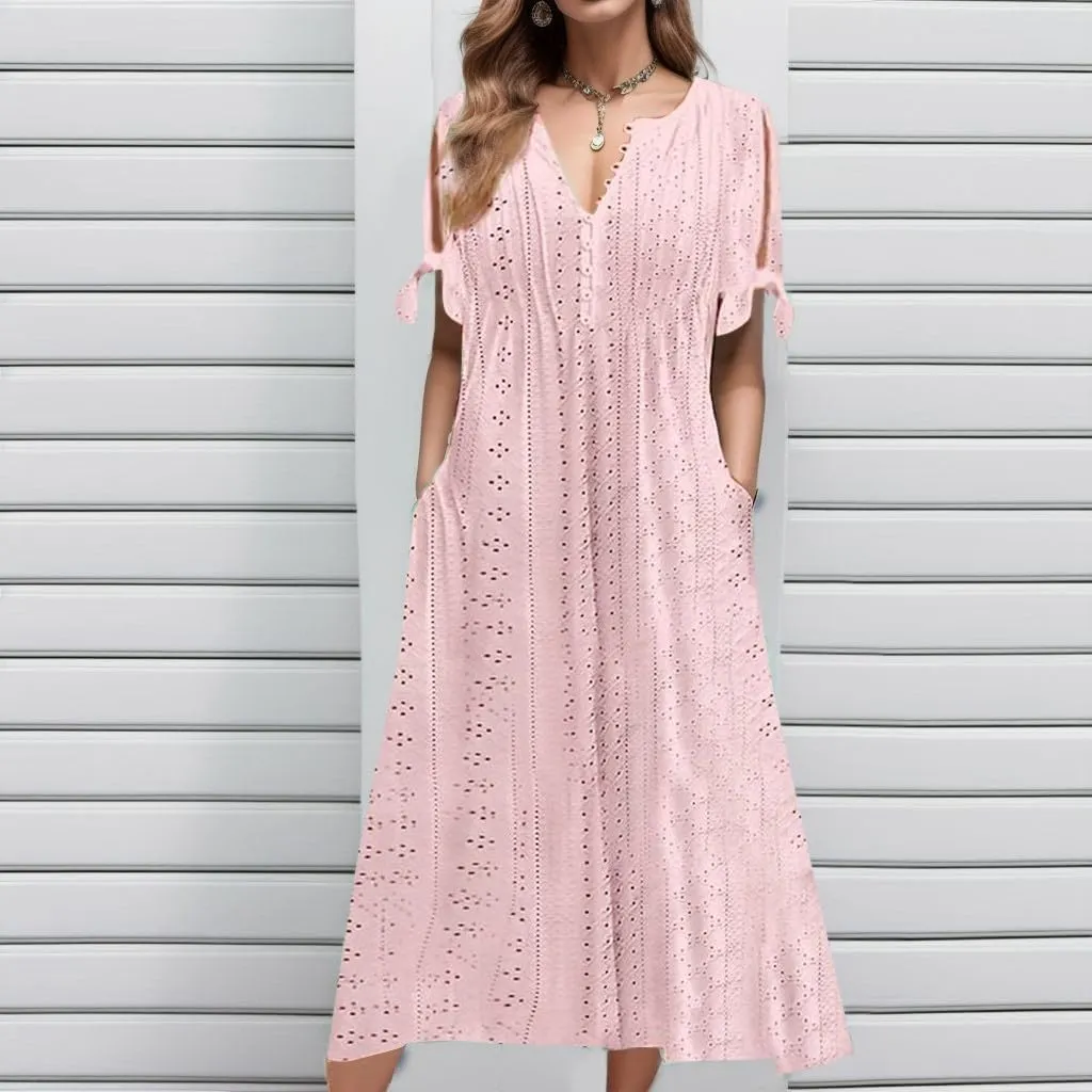 Summer Dresses for Women Trendy V Neck Short Sleeve Eyelet Dress Casual Pocket Holiday Party Beach Vacation Midi Sundress