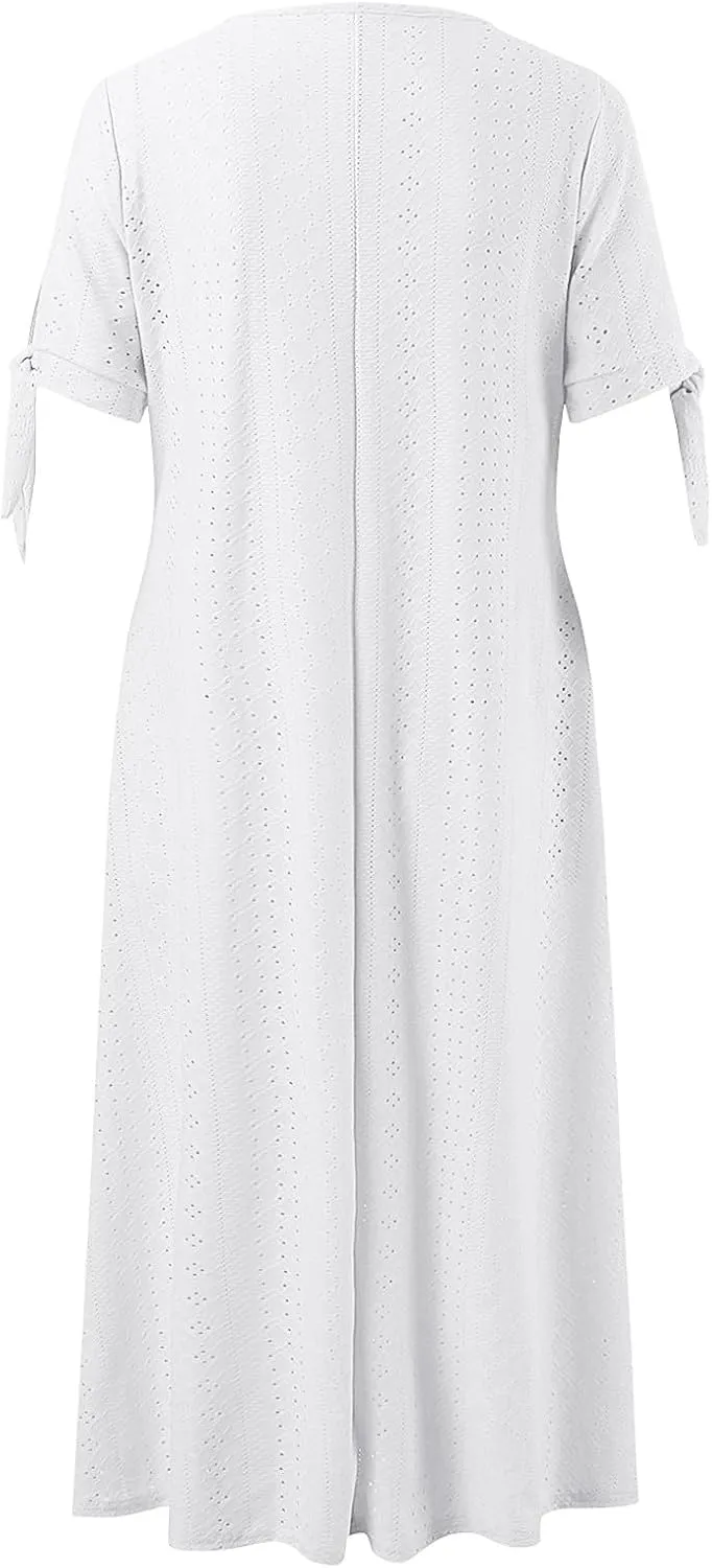Summer Dresses for Women Trendy V Neck Short Sleeve Eyelet Dress Casual Pocket Holiday Party Beach Vacation Midi Sundress