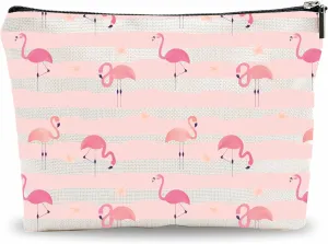 Summer Makeup Bag Gift, Pink Stripes & Flamingo Cosmetic Bag, Sister Gifts Toiletry Bag For Women, Families, Besties, Coworkers, Birthday Gift, Women Accessories - (A025)