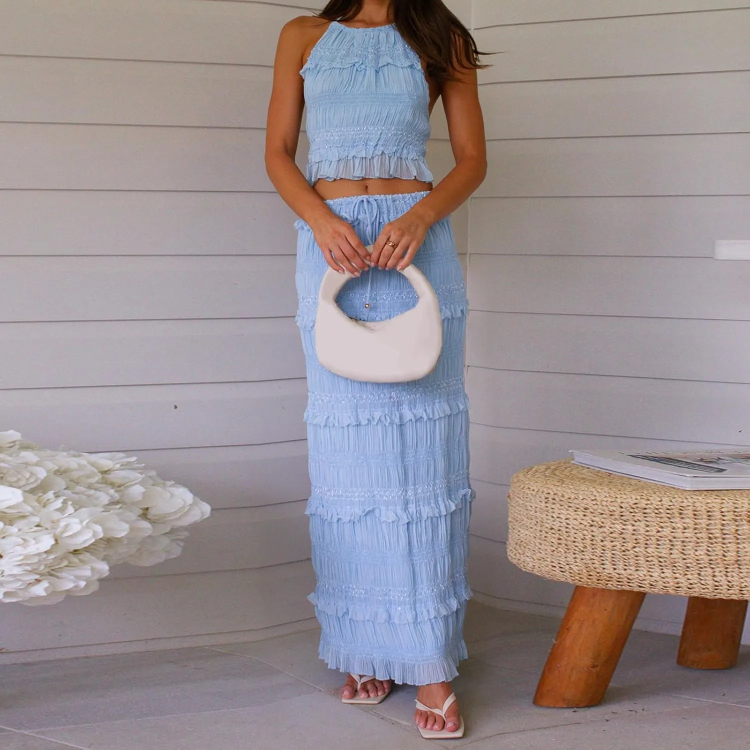 Summer Maxi Skirt Sets for Women Boho Sleeveless Backless Cami Top and Flowy Long Skirt Sets 2 Piece Beach Outfits