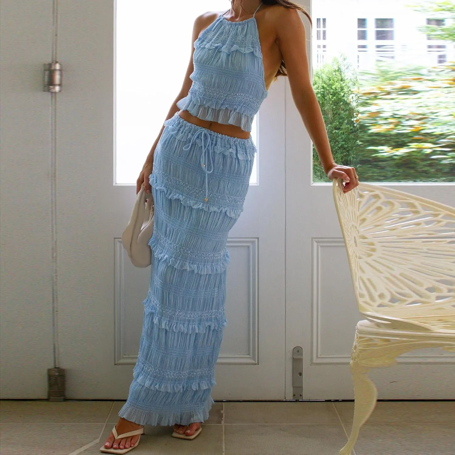 Summer Maxi Skirt Sets for Women Boho Sleeveless Backless Cami Top and Flowy Long Skirt Sets 2 Piece Beach Outfits