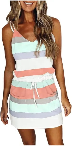 Sundresses for Women 2025 Summer Casual Dresses Striped Beach Party Dress Mini Tshirt Dress with Pocket Boho Dresses