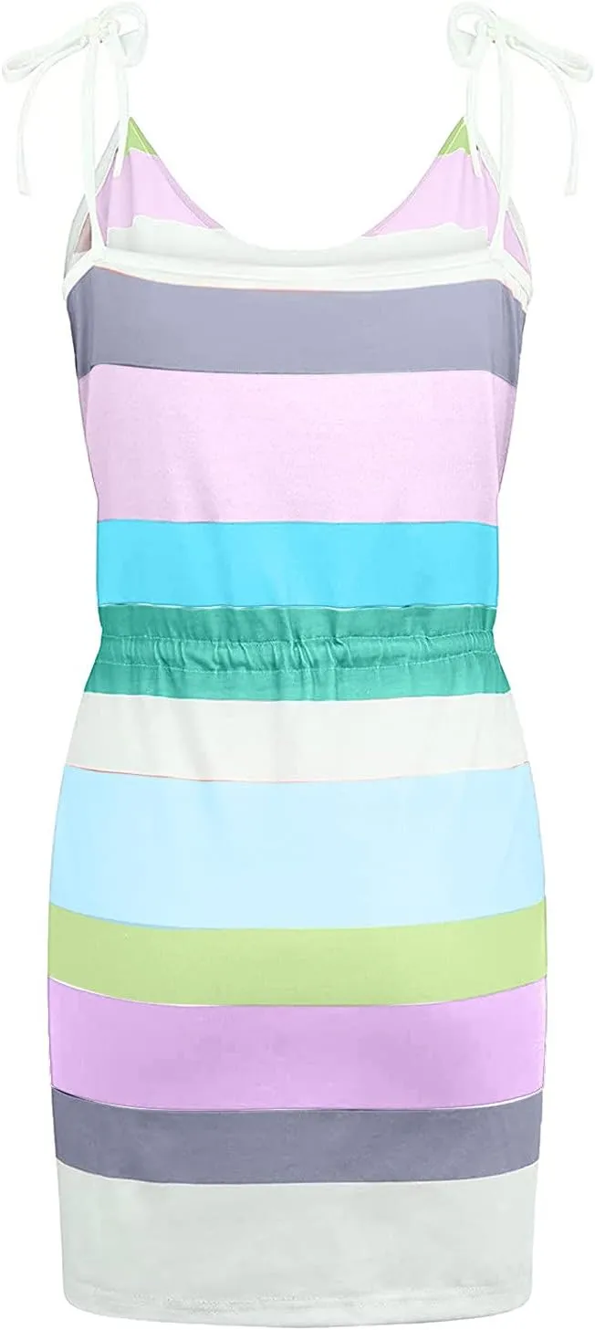 Sundresses for Women 2025 Summer Casual Dresses Striped Beach Party Dress Mini Tshirt Dress with Pocket Boho Dresses