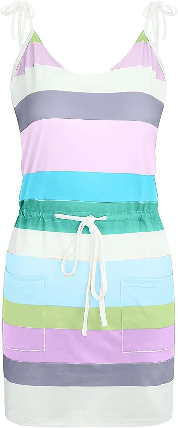 Sundresses for Women 2025 Summer Casual Dresses Striped Beach Party Dress Mini Tshirt Dress with Pocket Boho Dresses