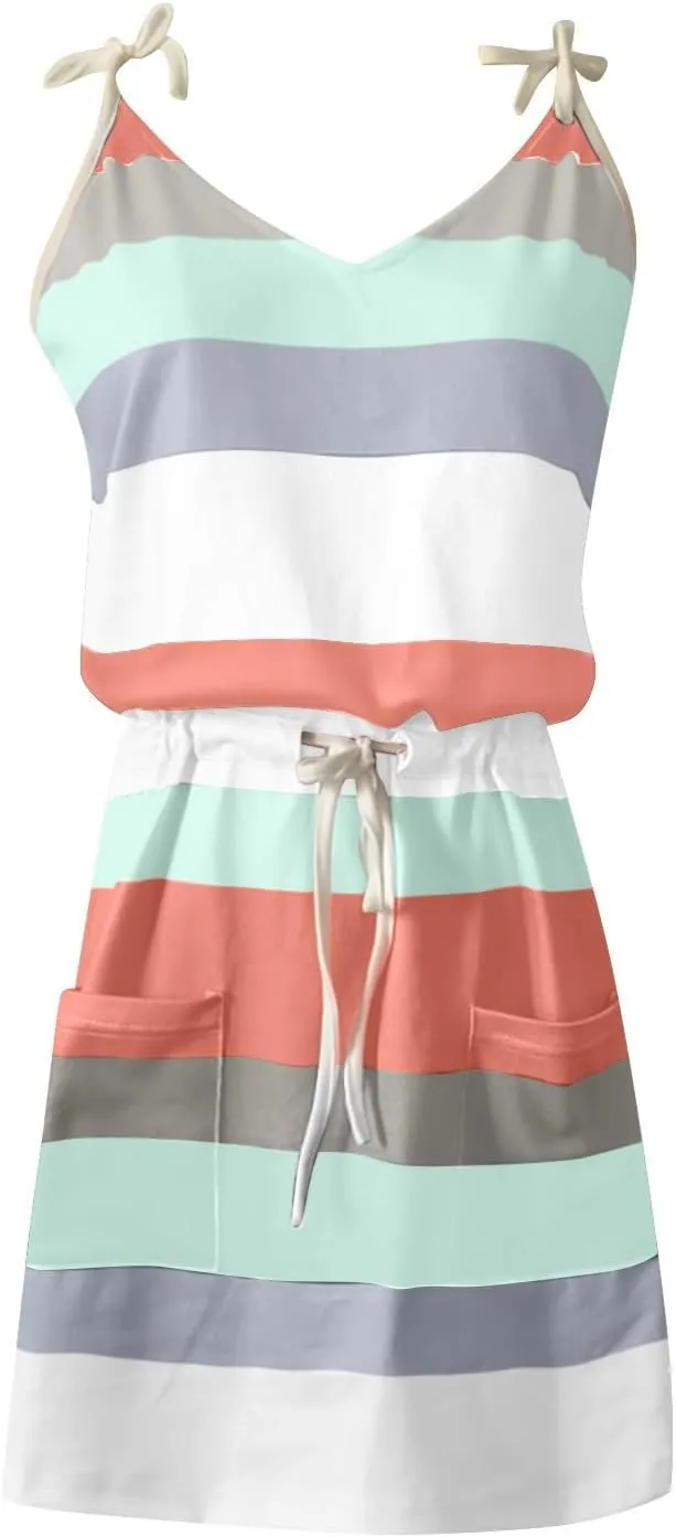 Sundresses for Women 2025 Summer Casual Dresses Striped Beach Party Dress Mini Tshirt Dress with Pocket Boho Dresses