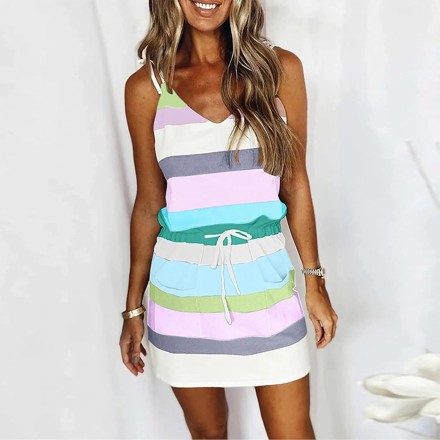 Sundresses for Women 2025 Summer Casual Dresses Striped Beach Party Dress Mini Tshirt Dress with Pocket Boho Dresses