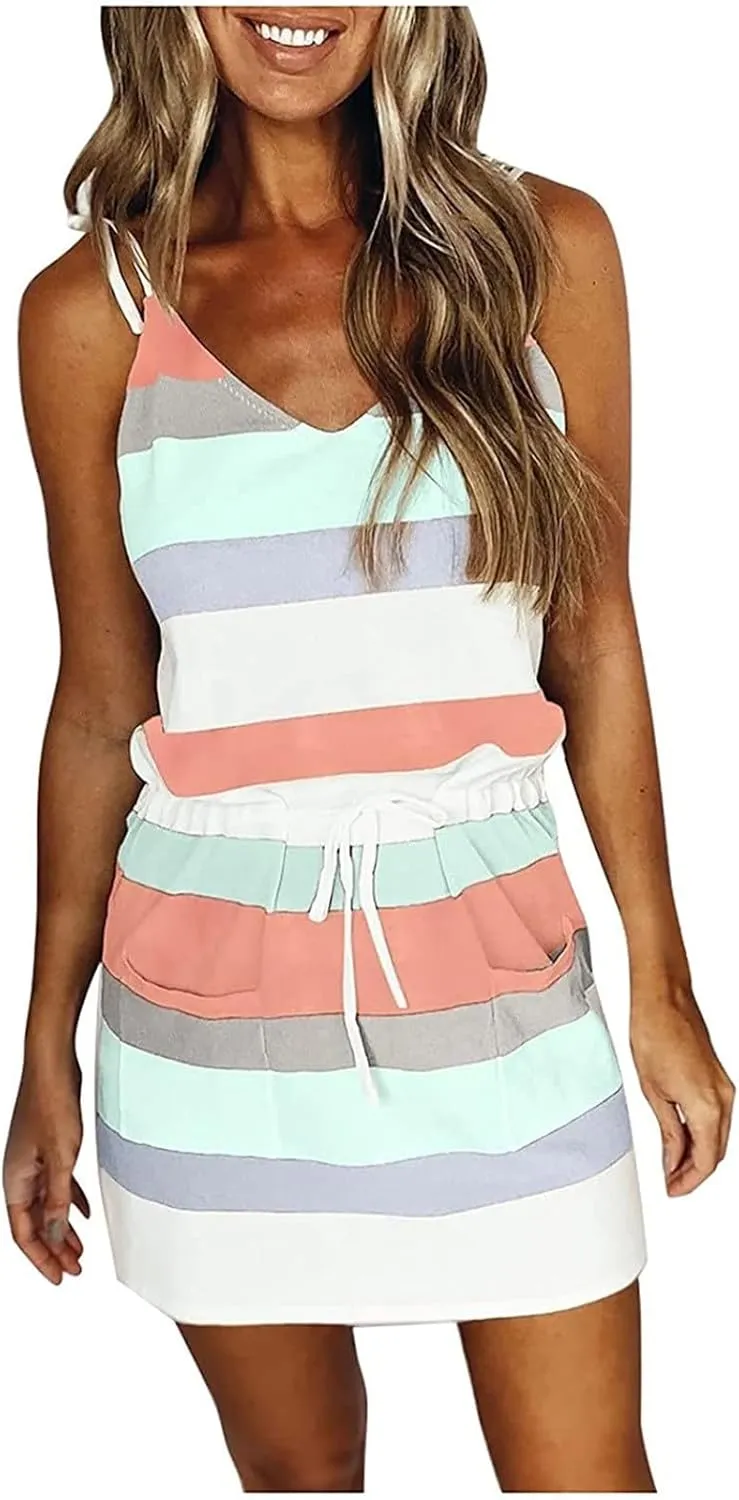 Sundresses for Women 2025 Summer Casual Dresses Striped Beach Party Dress Mini Tshirt Dress with Pocket Boho Dresses