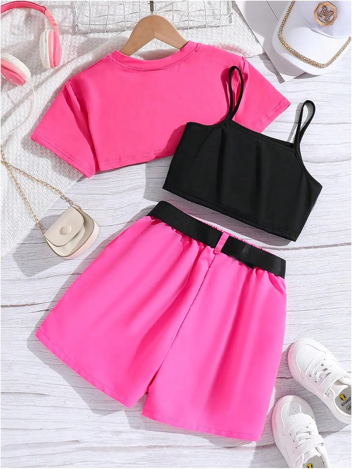 SweatyRocks Girl's 3 Piece Outfits Short Sleeve Crop Top and Camisole with Cargo Shorts Set
