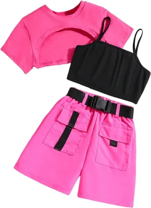 SweatyRocks Girl's 3 Piece Outfits Short Sleeve Crop Top and Camisole with Cargo Shorts Set