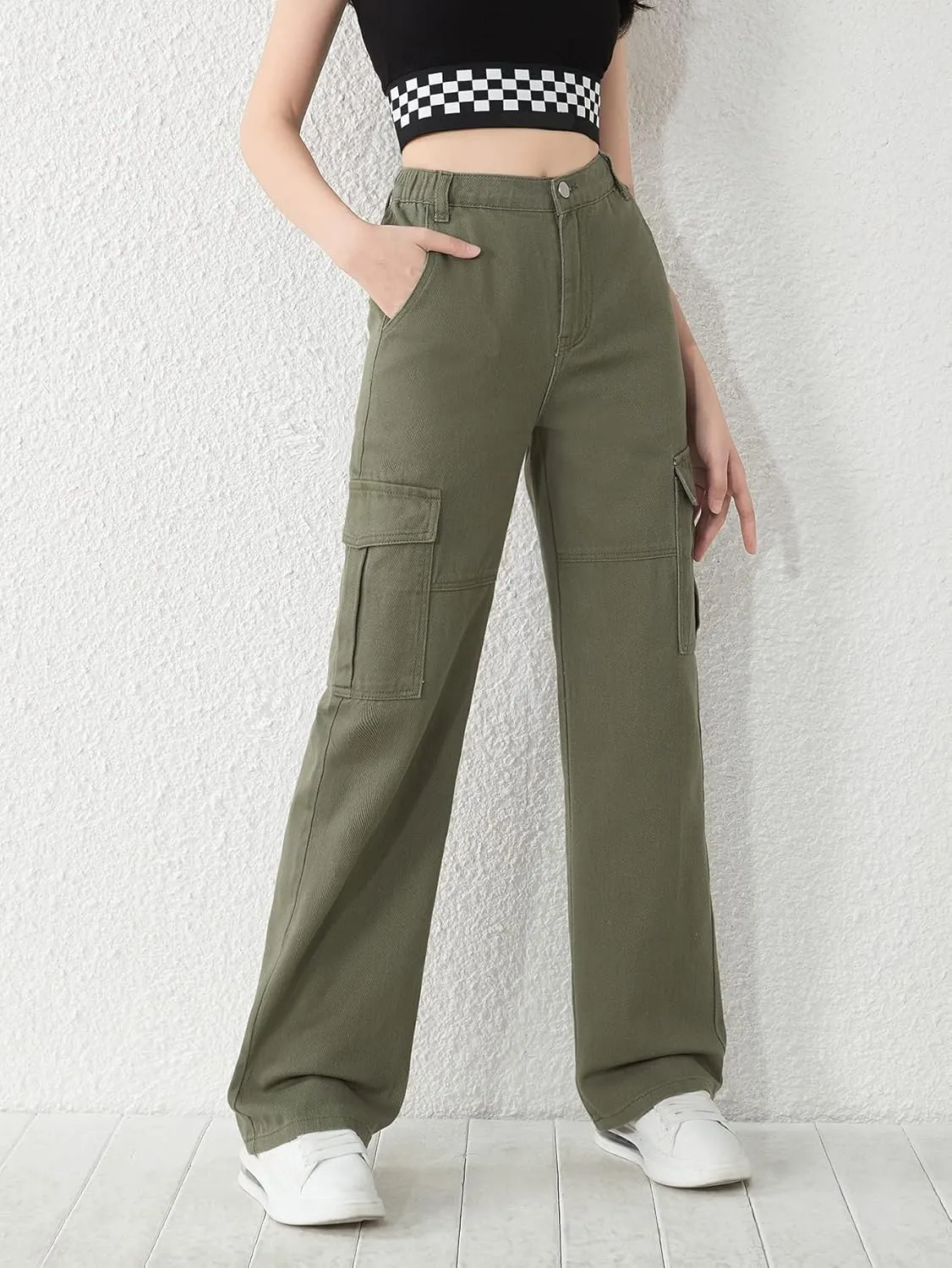SweatyRocks Girl's Casual Elastic Waist Zip Up Denim Pants Straight Leg Cargo Jeans with Pocket