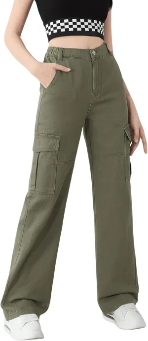 SweatyRocks Girl's Casual Elastic Waist Zip Up Denim Pants Straight Leg Cargo Jeans with Pocket