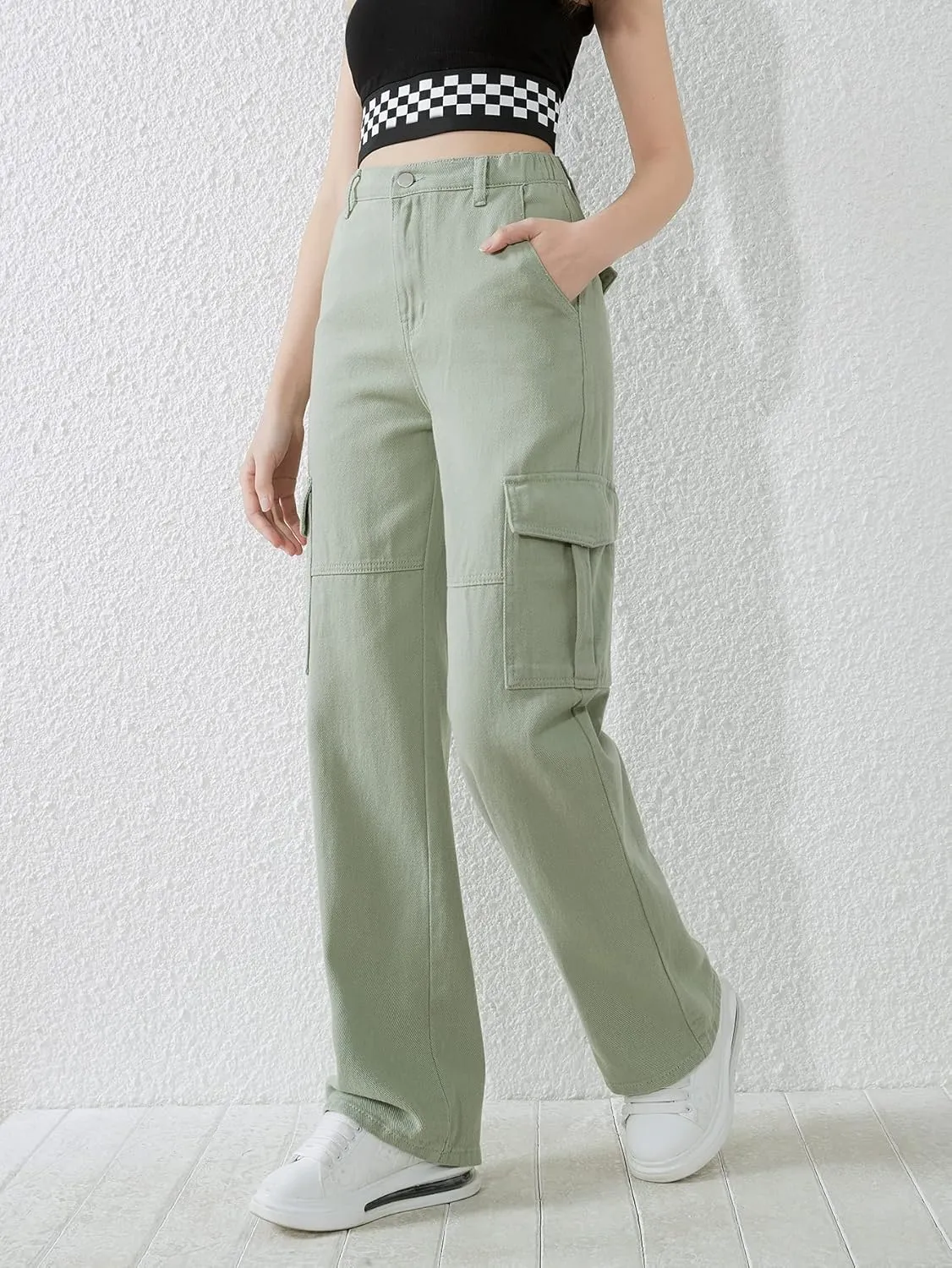 SweatyRocks Girl's Casual Elastic Waist Zip Up Denim Pants Straight Leg Cargo Jeans with Pocket