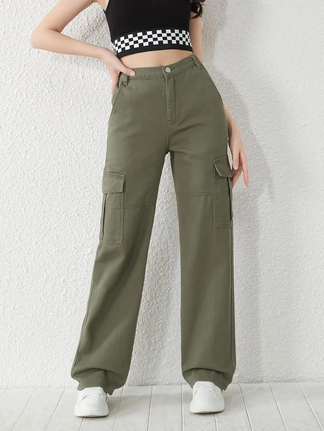 SweatyRocks Girl's Casual Elastic Waist Zip Up Denim Pants Straight Leg Cargo Jeans with Pocket