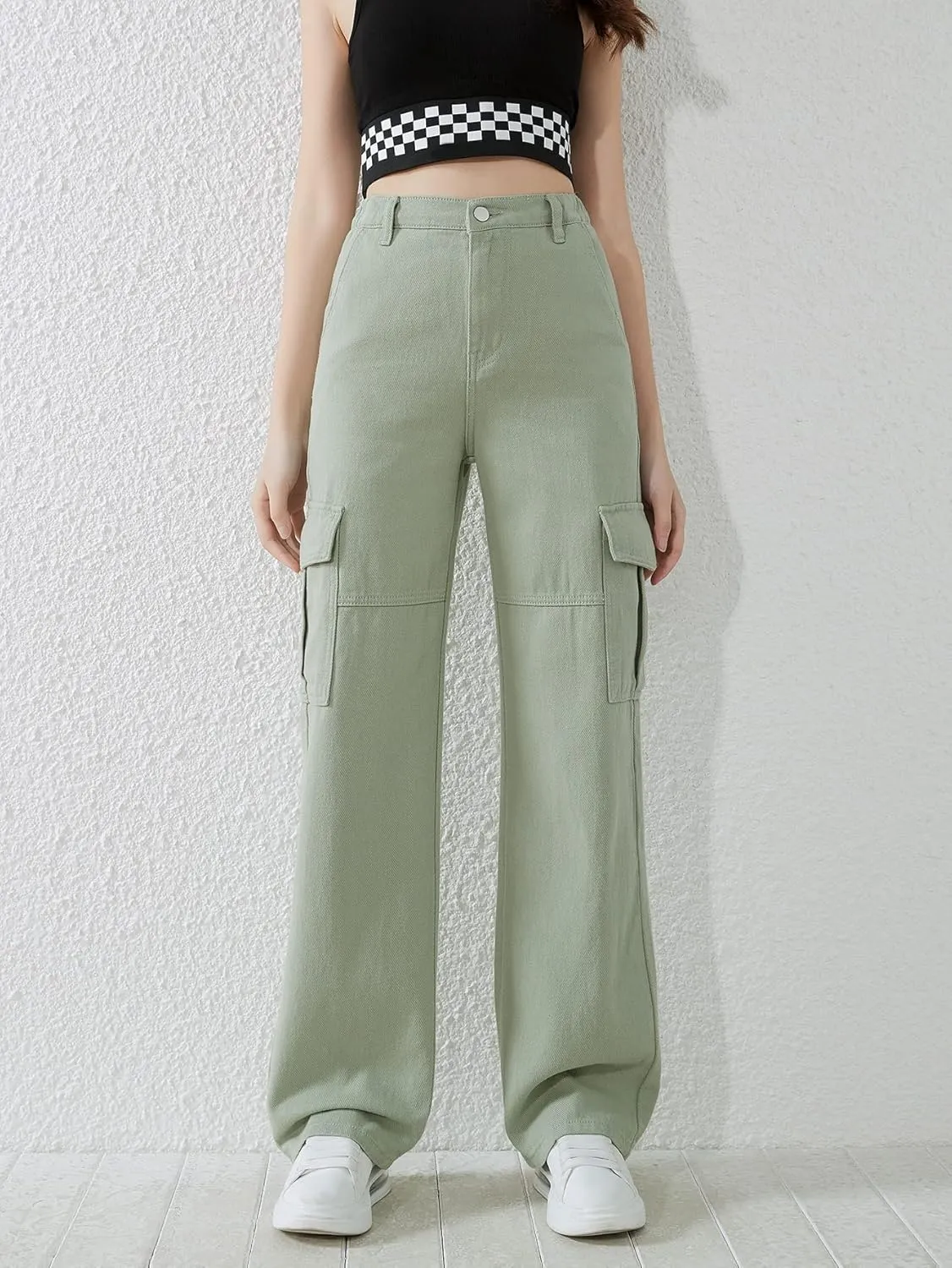 SweatyRocks Girl's Casual Elastic Waist Zip Up Denim Pants Straight Leg Cargo Jeans with Pocket