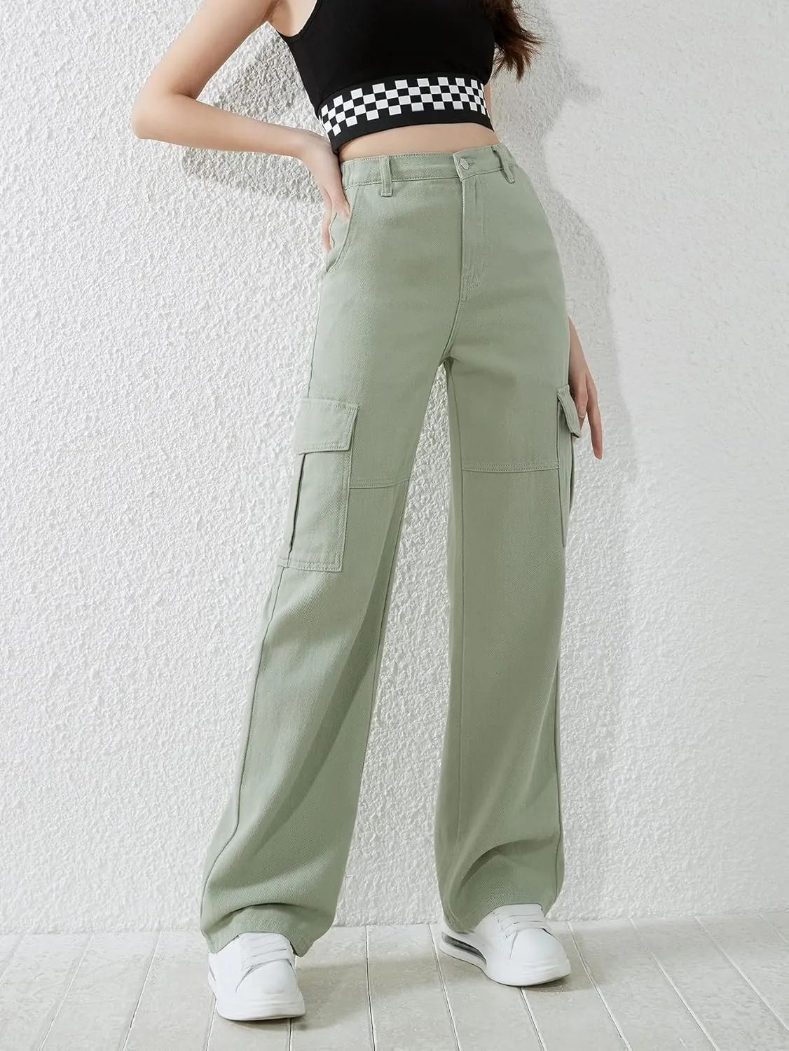 SweatyRocks Girl's Casual Elastic Waist Zip Up Denim Pants Straight Leg Cargo Jeans with Pocket