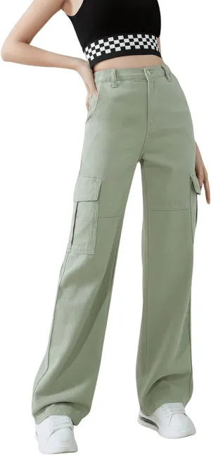 SweatyRocks Girl's Casual Elastic Waist Zip Up Denim Pants Straight Leg Cargo Jeans with Pocket