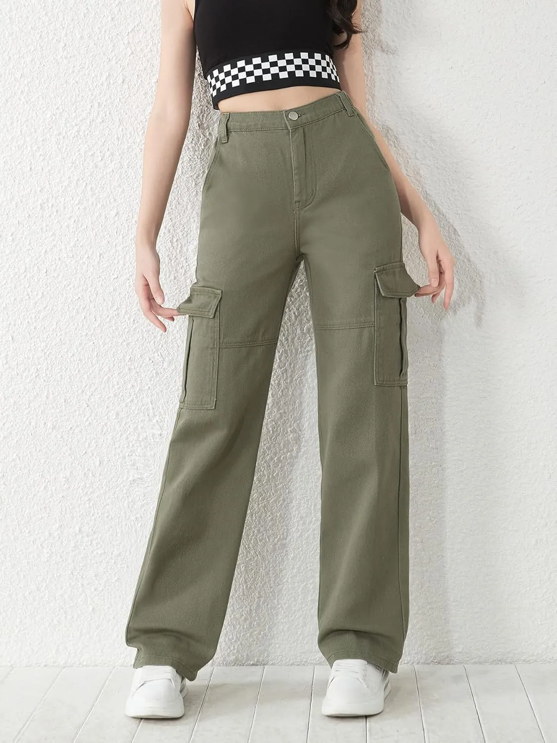 SweatyRocks Girl's Casual Elastic Waist Zip Up Denim Pants Straight Leg Cargo Jeans with Pocket
