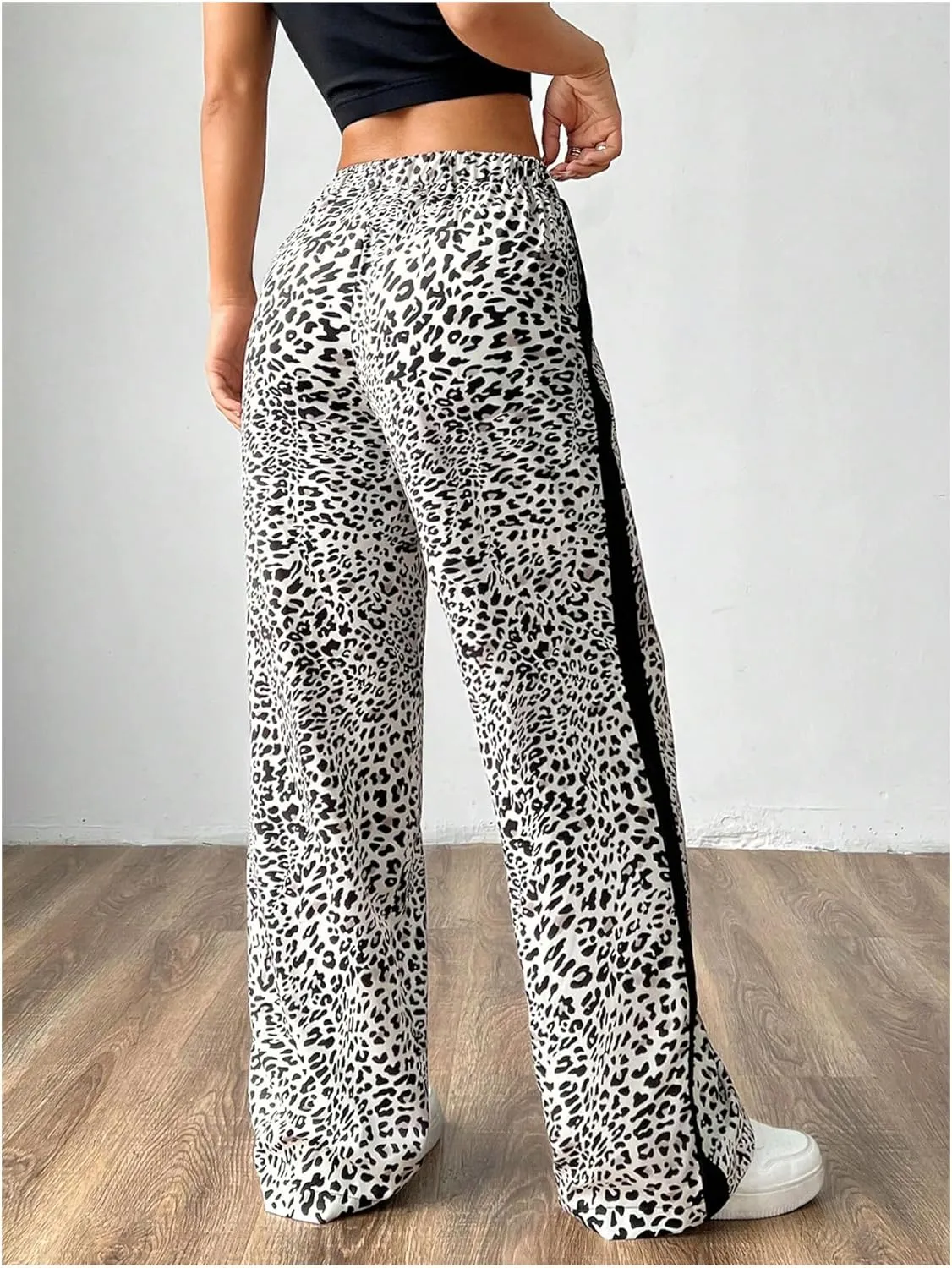 SweatyRocks Women's Leopard Print Long Pants Elastic High Waist Straight Leg Trousers