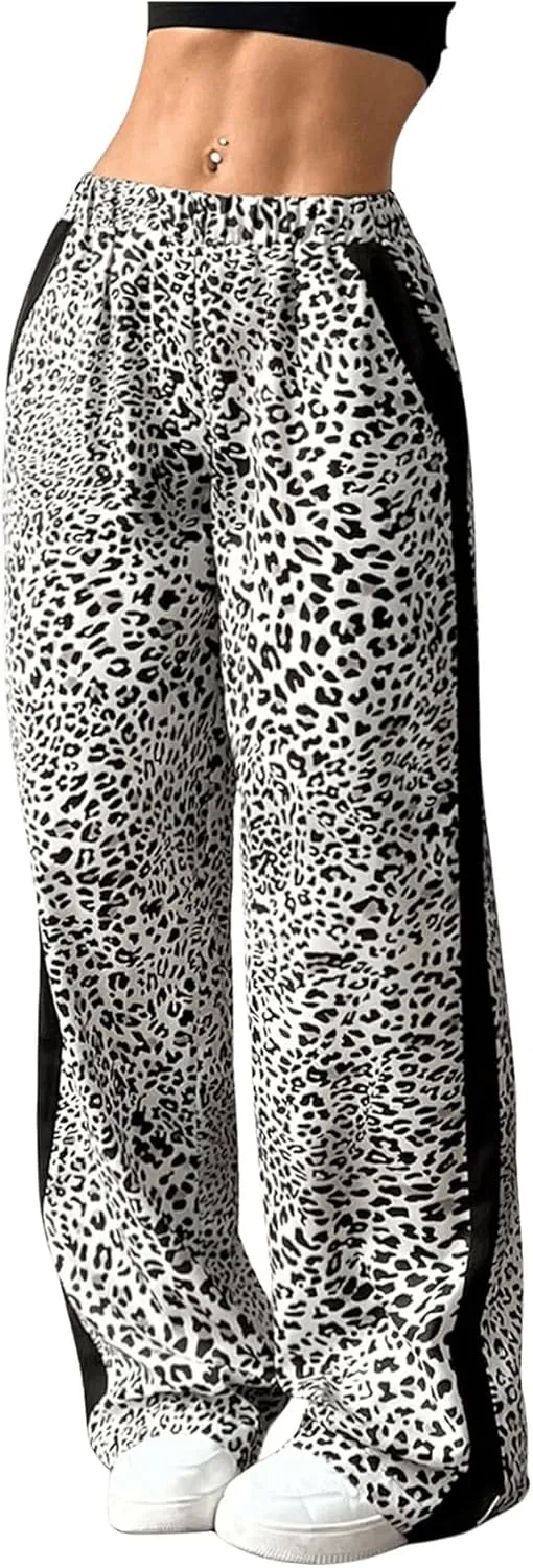 SweatyRocks Women's Leopard Print Long Pants Elastic High Waist Straight Leg Trousers