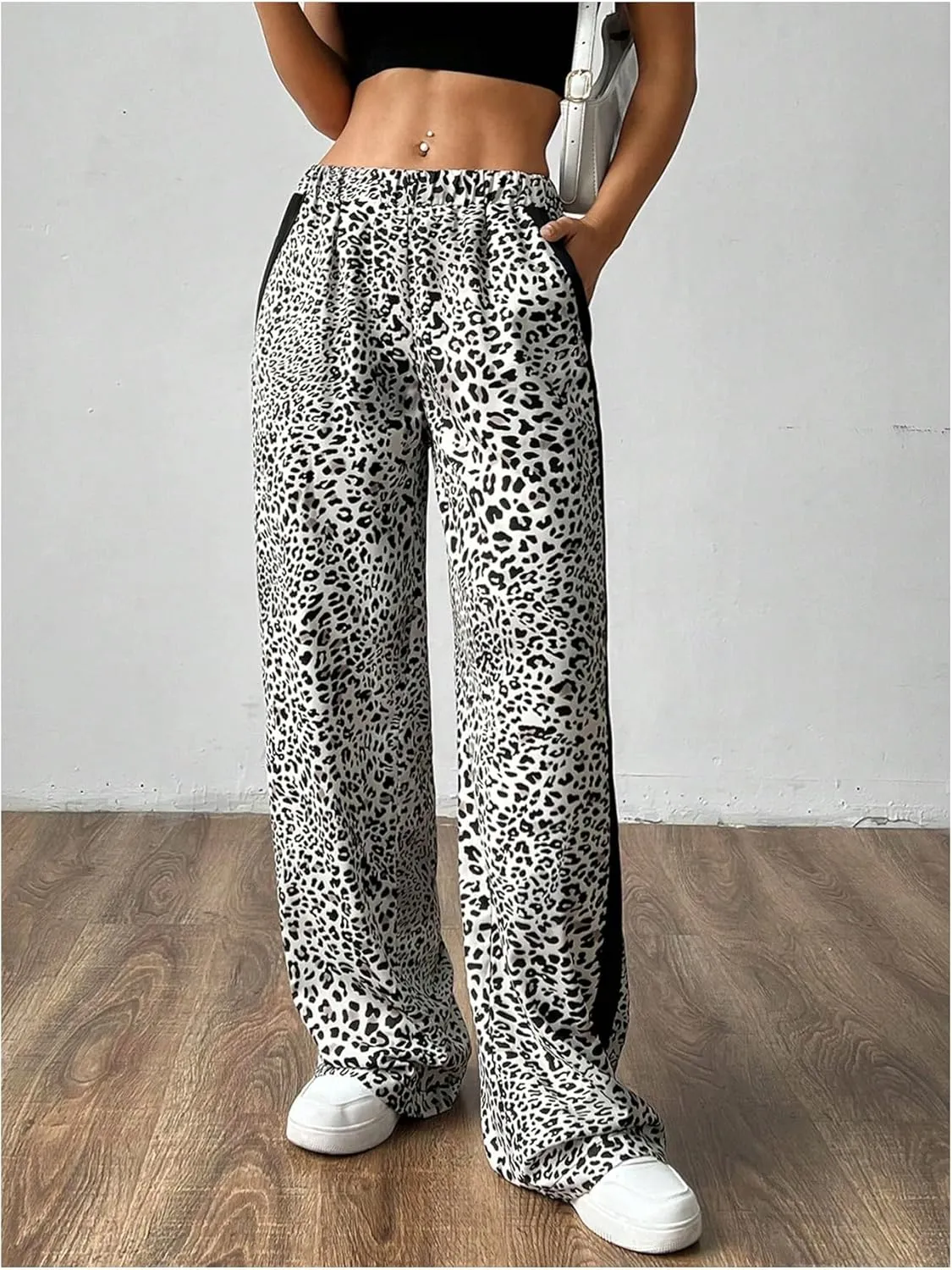SweatyRocks Women's Leopard Print Long Pants Elastic High Waist Straight Leg Trousers