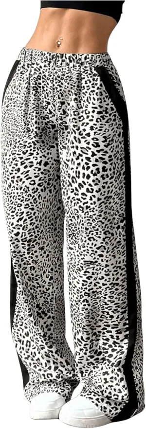 SweatyRocks Women's Leopard Print Long Pants Elastic High Waist Straight Leg Trousers