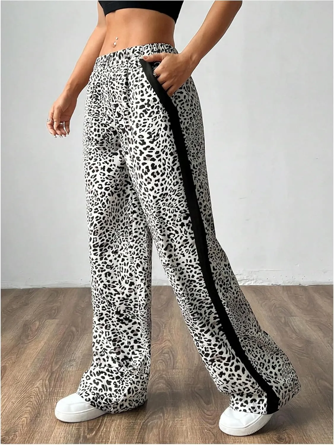 SweatyRocks Women's Leopard Print Long Pants Elastic High Waist Straight Leg Trousers