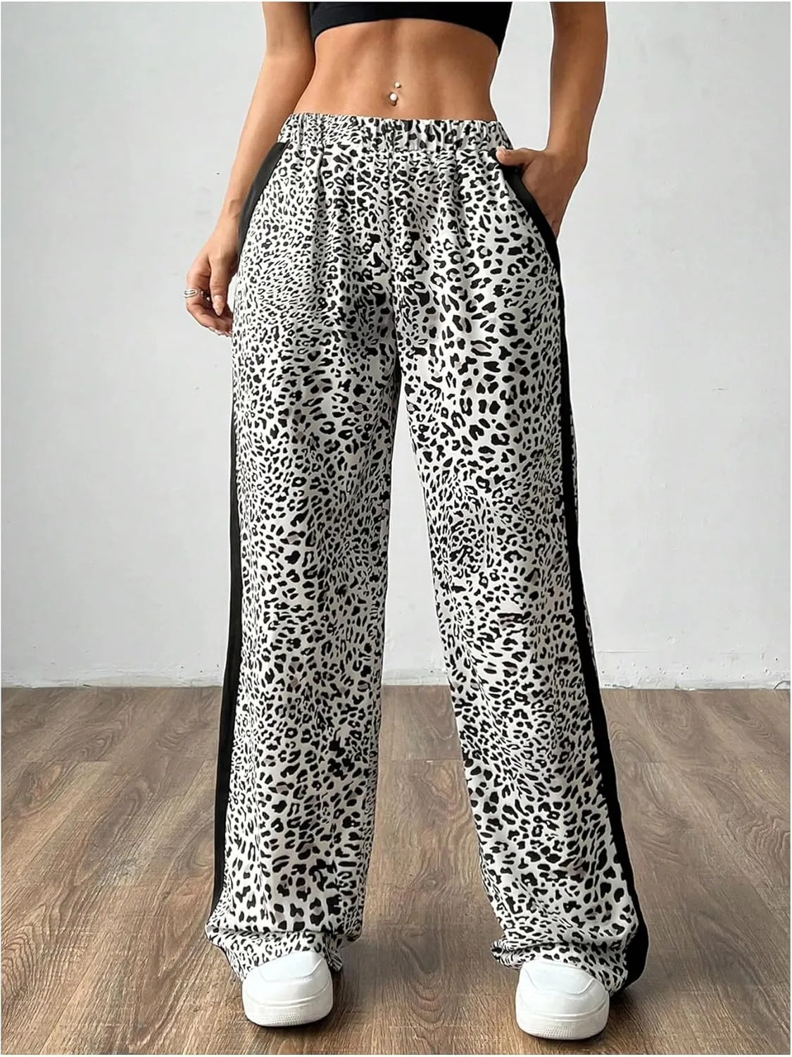 SweatyRocks Women's Leopard Print Long Pants Elastic High Waist Straight Leg Trousers