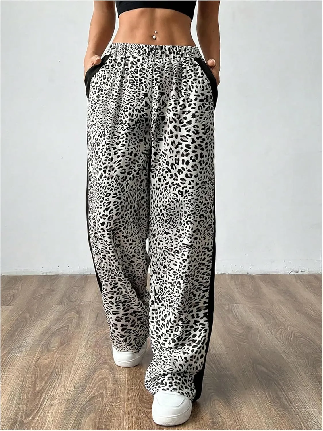 SweatyRocks Women's Leopard Print Long Pants Elastic High Waist Straight Leg Trousers