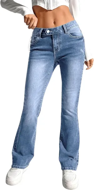 SweatyRocks Women's Low Rise Jeans Casual Zipper Fly Flare Leg Denim Pants with Pocket