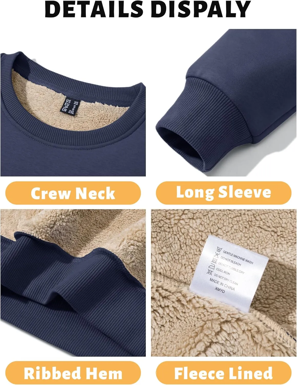 TACVASEN Men's Crewneck Sweatshirt Warm Sherpa Lined Sweatshirts Heavyweight Long Sleeve Underwear Winter Fleece Pullover