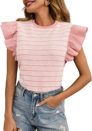 Tankaneo Womens Ruffle Striped Tank Tops Summer Crew Neck Sleeveless Shirts Loose Fit Dressy Casual Blouse