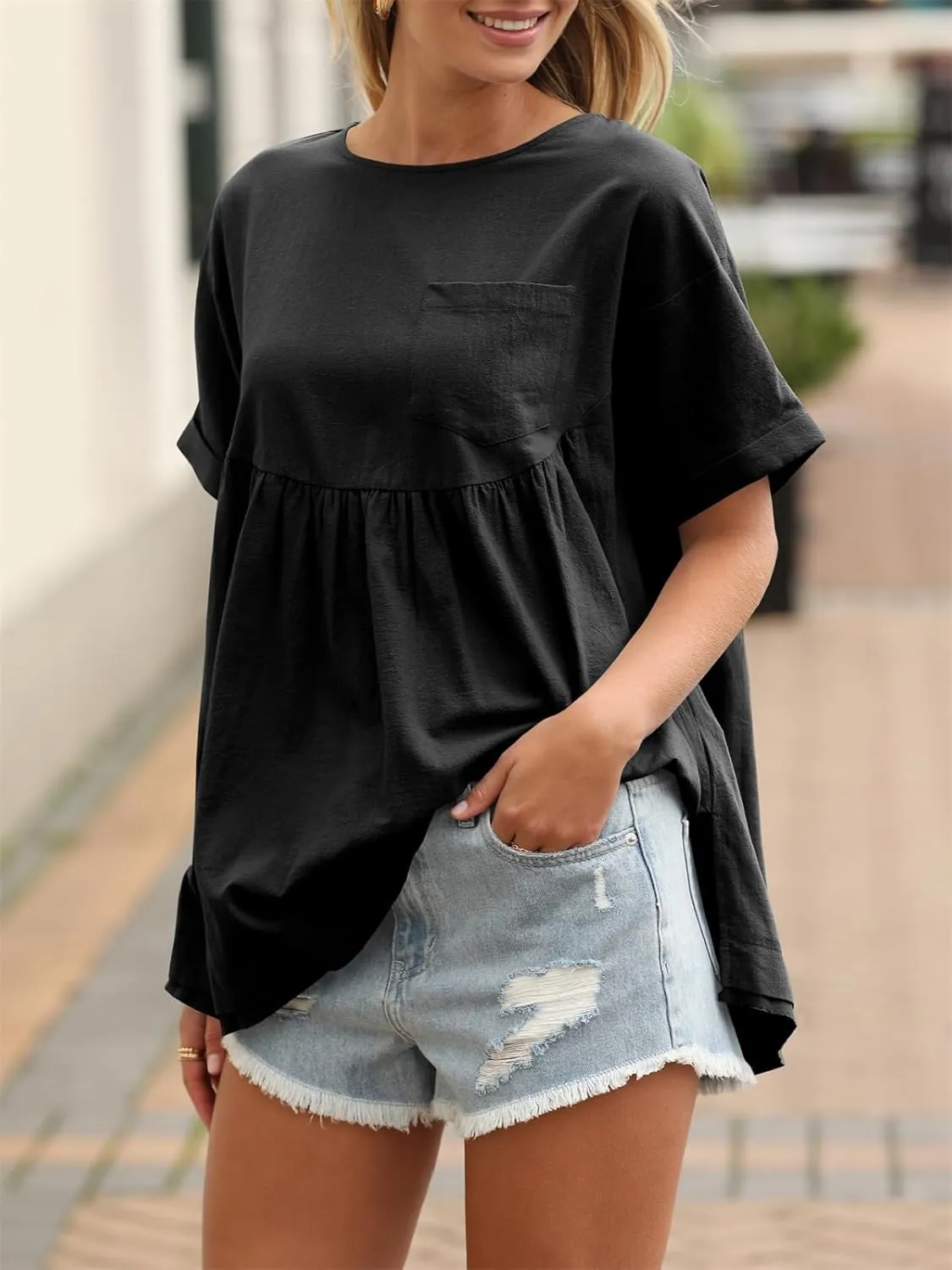 Tankaneo Womens Summer Babydoll Tops Casual Loose Fit Peplum Oversized Tunic Shirts