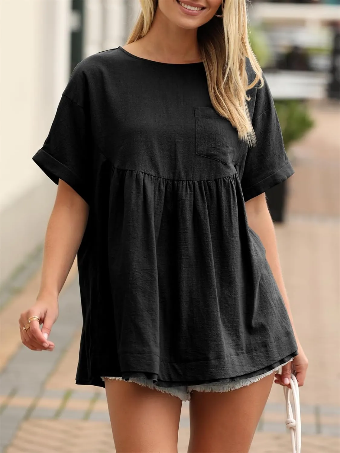 Tankaneo Womens Summer Babydoll Tops Casual Loose Fit Peplum Oversized Tunic Shirts
