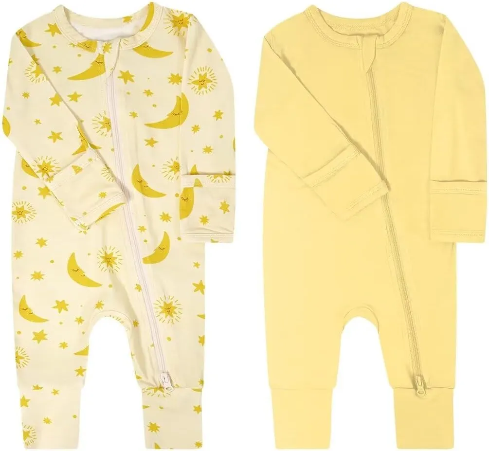 Teach Leanbh Baby Boys Girls 2 Pack Bamboo Viscose Pajamas with Mitten Cuffs 2 Way Zipper Long Sleeve Romper Sleep and Play