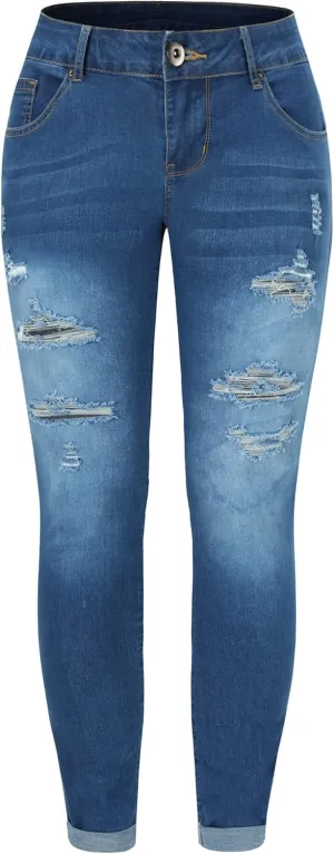THUNDER STAR Womens Stretch Ripped Cropped Jeans Mid Rise Distressed Casual Denim Pants