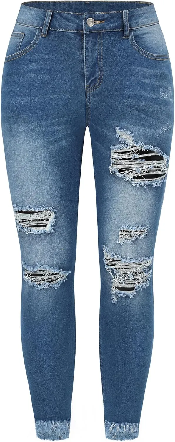 THUNDER STAR Womens Stretch Ripped Cropped Jeans Mid Rise Distressed Casual Denim Pants