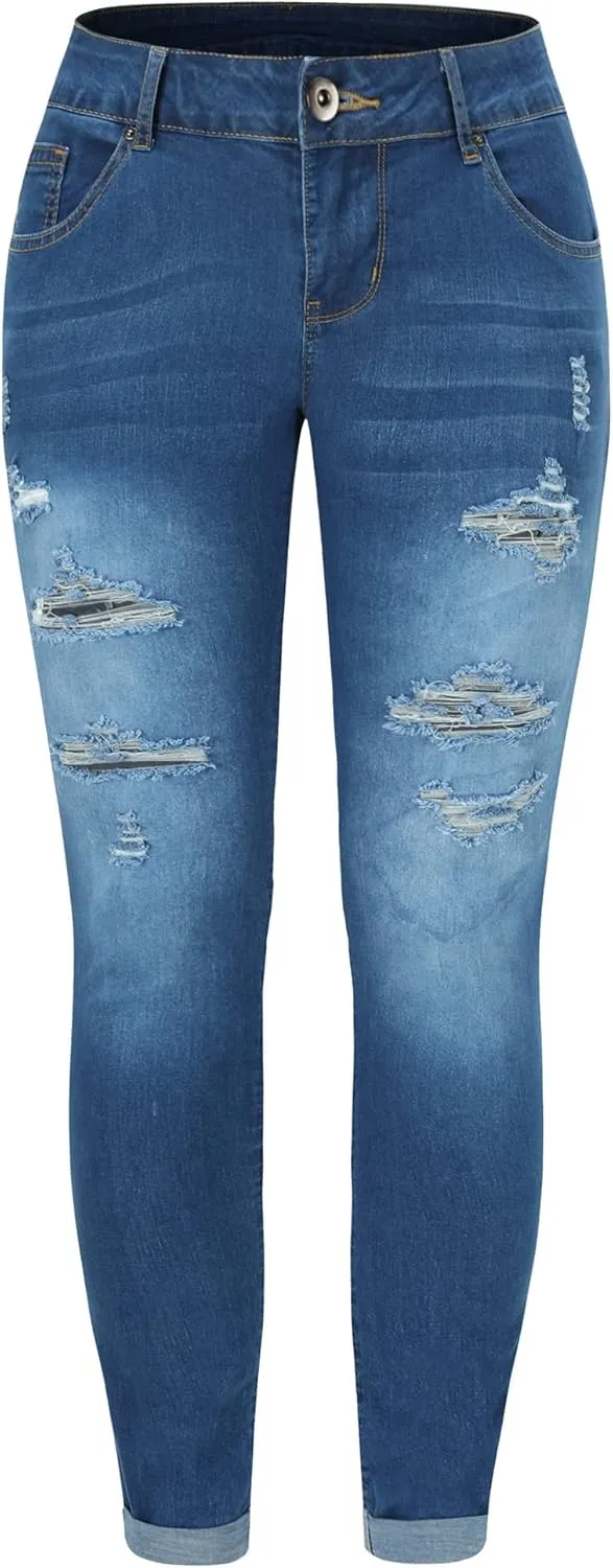 THUNDER STAR Womens Stretch Ripped Cropped Jeans Mid Rise Distressed Casual Denim Pants