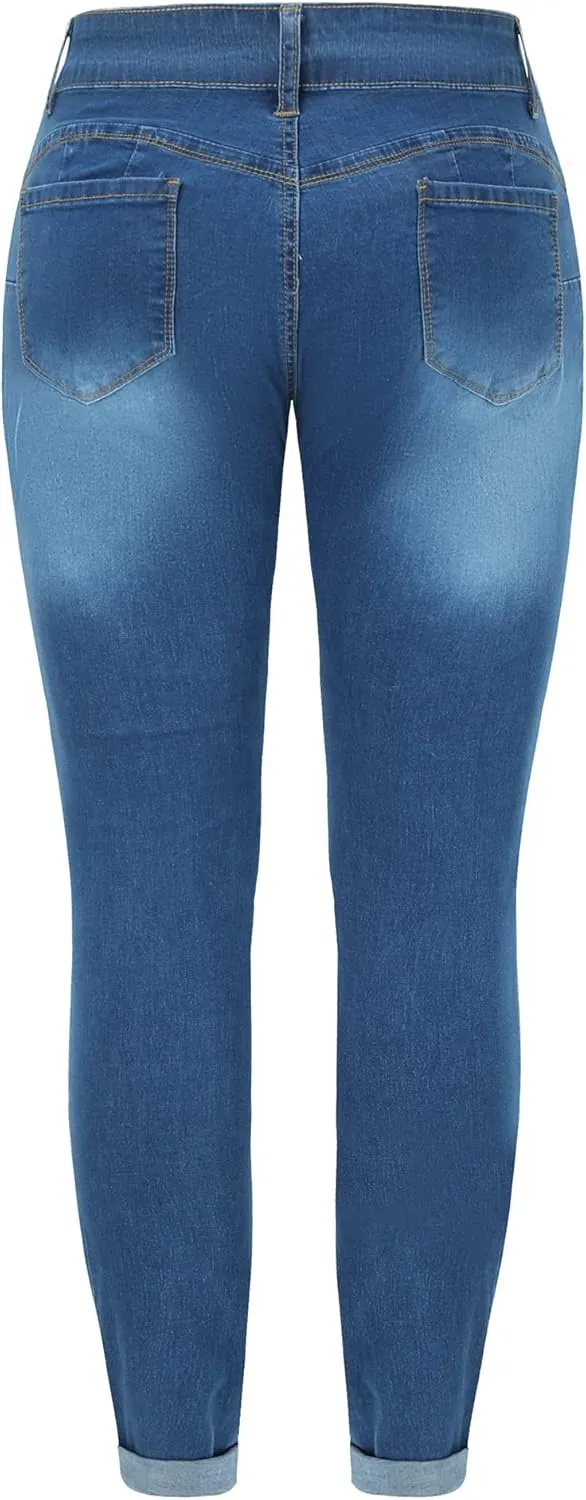THUNDER STAR Womens Stretch Ripped Cropped Jeans Mid Rise Distressed Casual Denim Pants