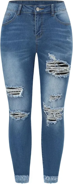 THUNDER STAR Womens Stretch Ripped Cropped Jeans Mid Rise Distressed Casual Denim Pants