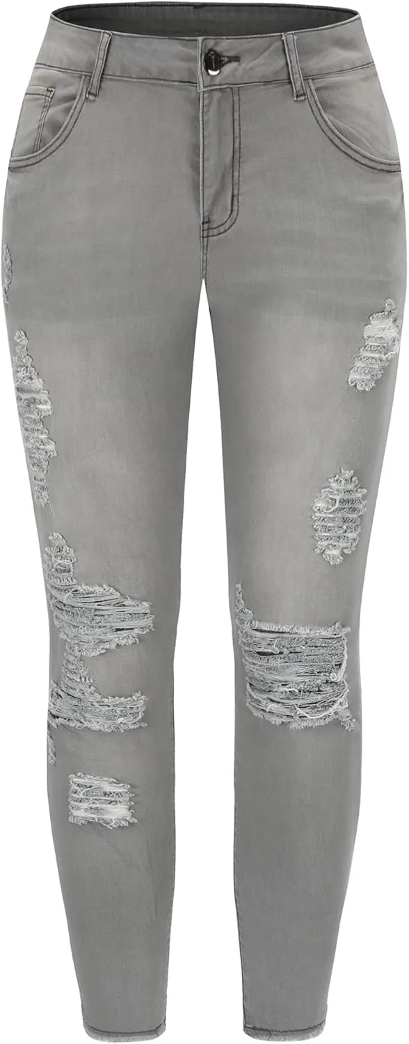 THUNDER STAR Womens Stretch Ripped Cropped Jeans Mid Rise Distressed Casual Denim Pants